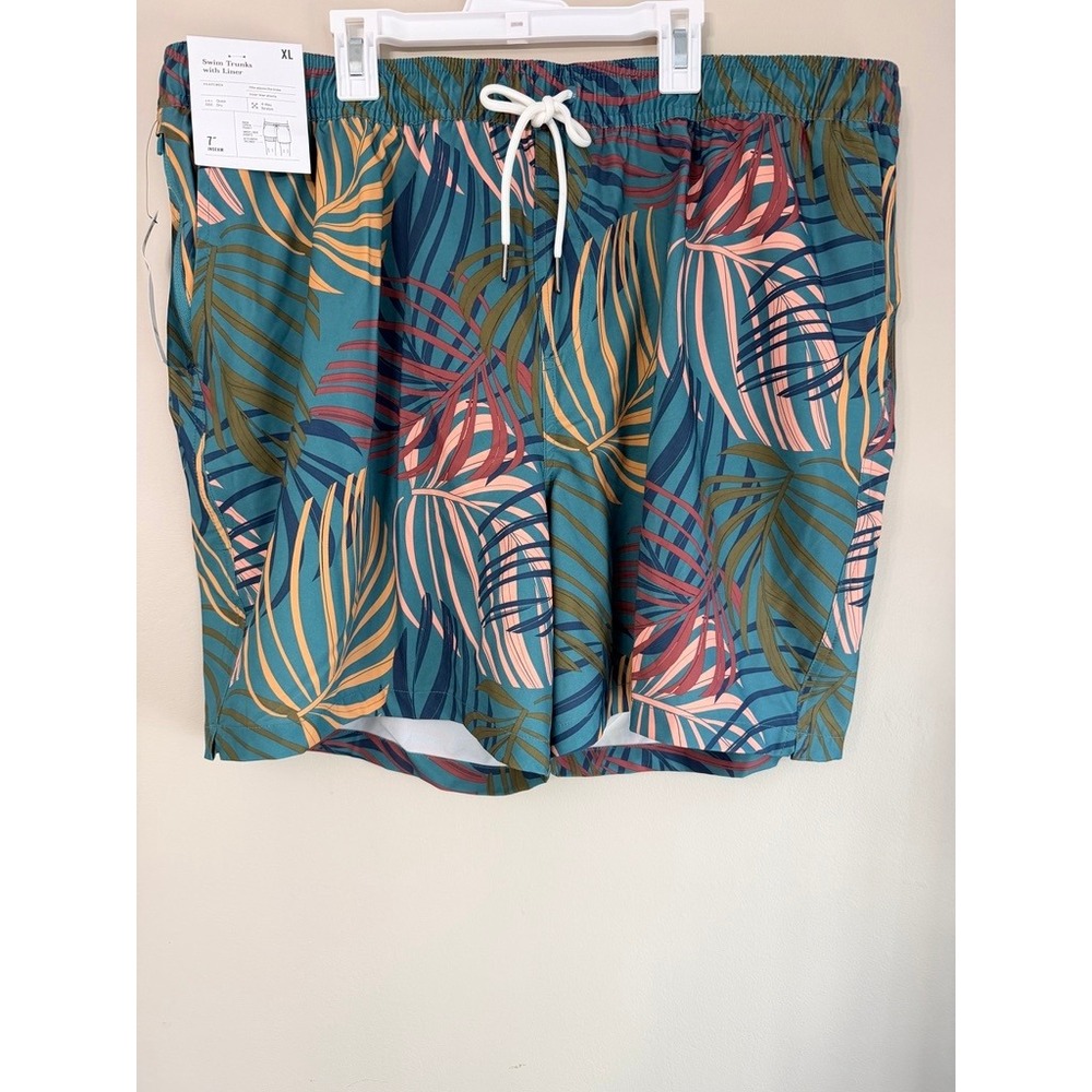 Goodfellow & Co Swim Trunks Mens‎ XL Teal Palm 7" Inseam Lined NWT